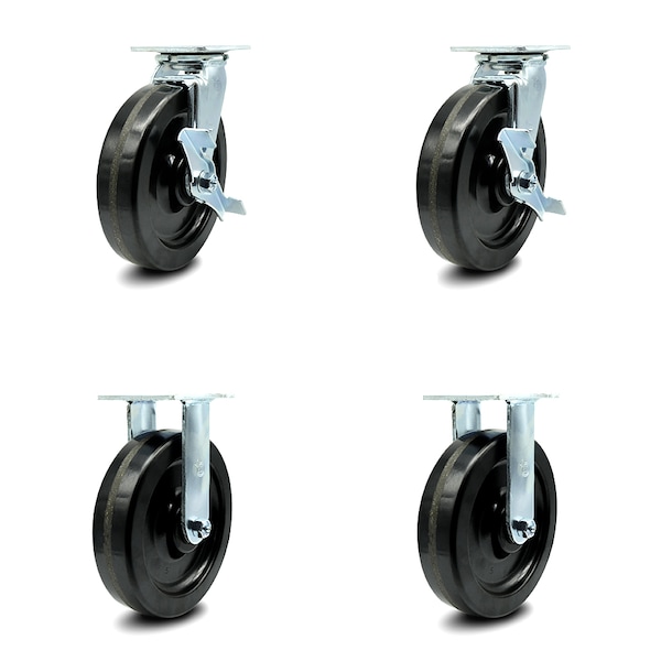 8 Inch Phenolic Caster Set with Ball Bearings 2 Brakes 2 Rigid